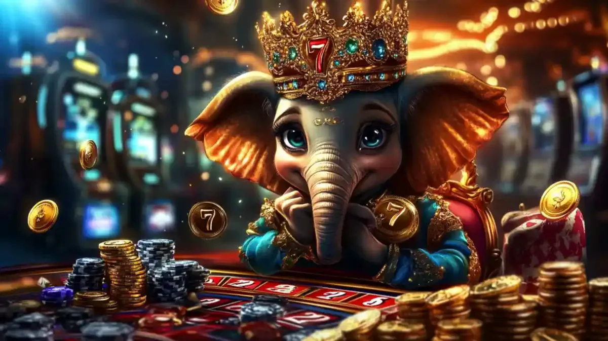 Cute crowned elephant mascot with casino chips and golden coins